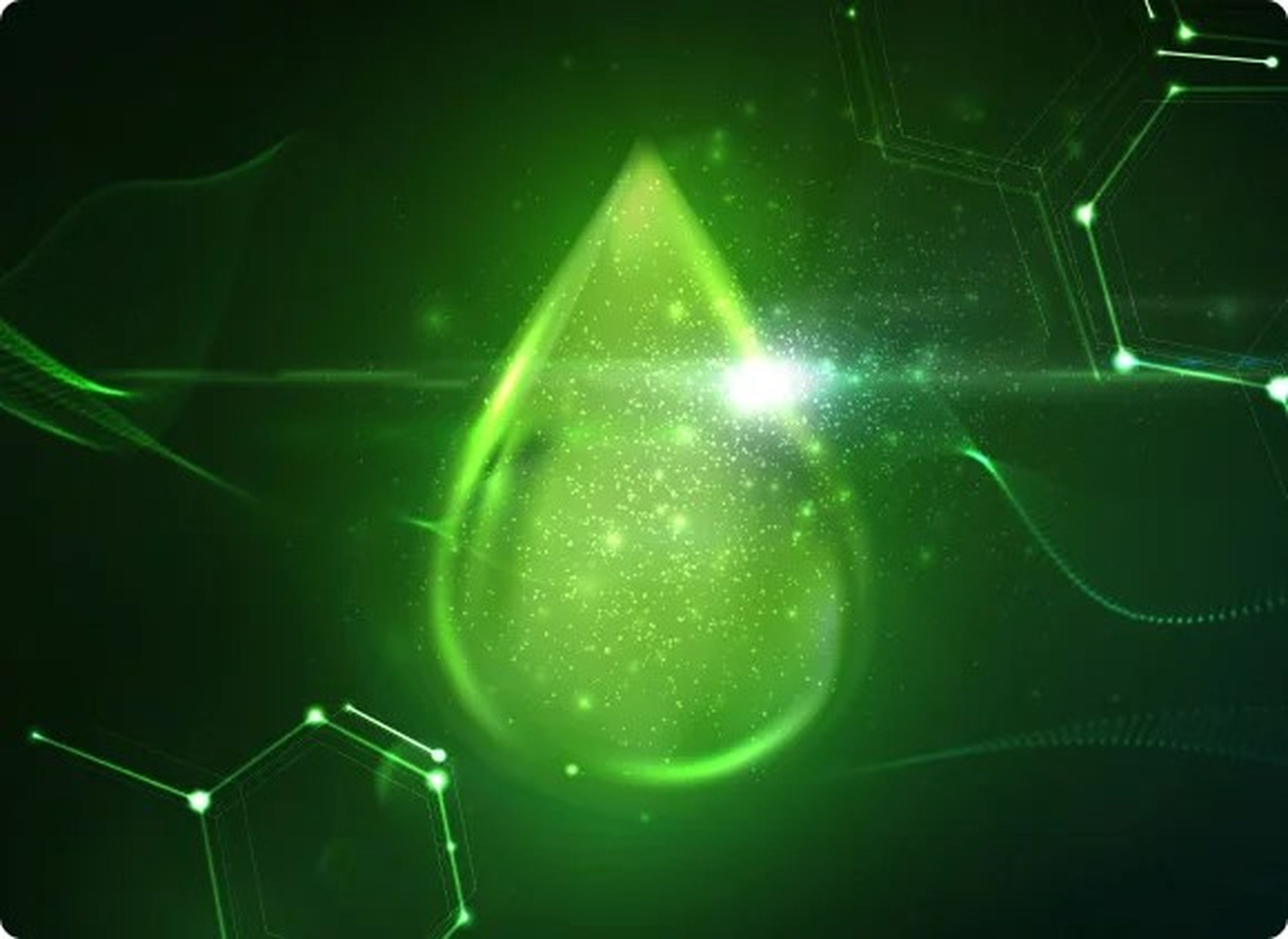Goutte verte d’HVO entourée de structures chimiques.
