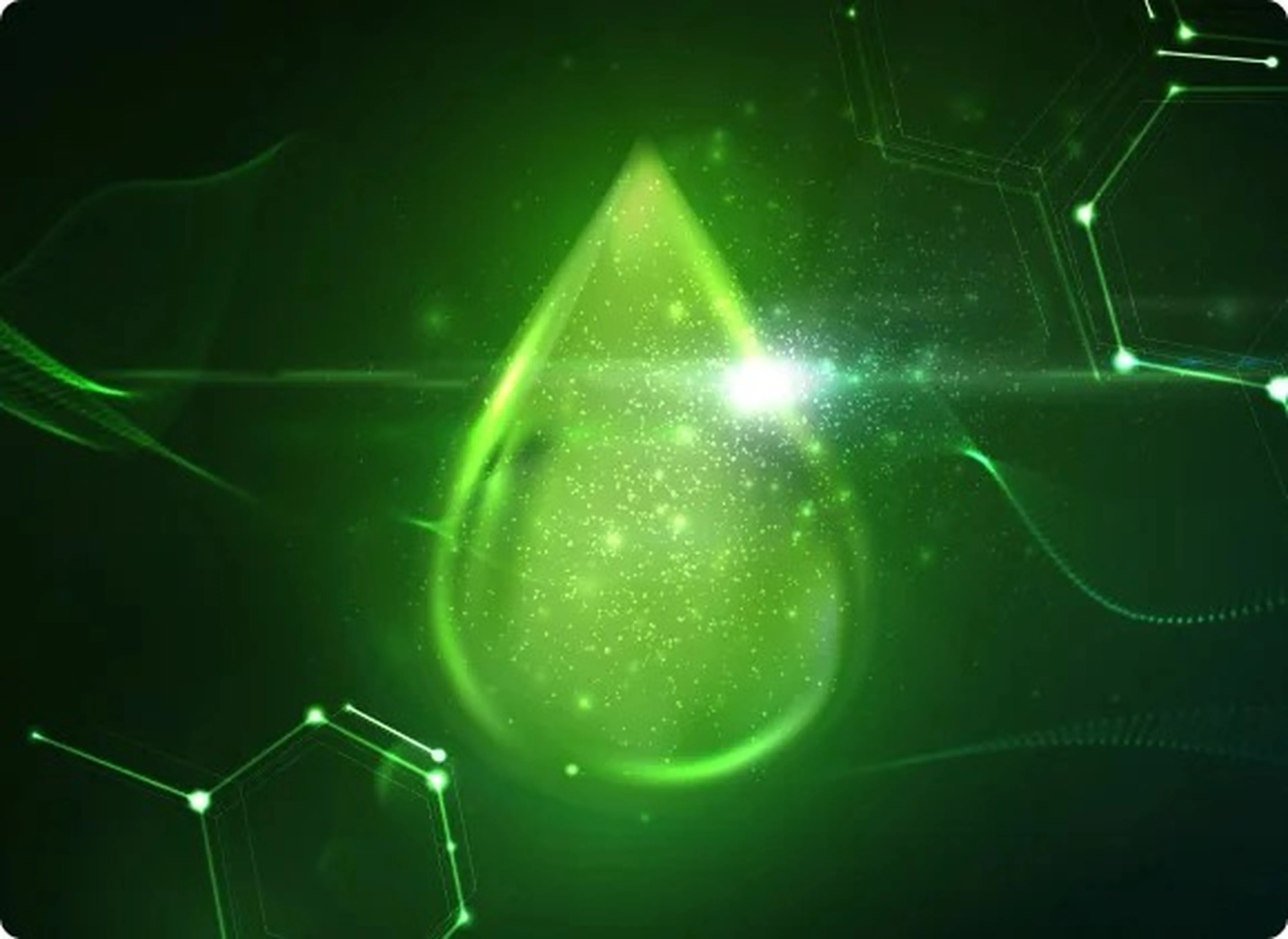 Green Neste HVO100 droplet with a sparkle on the droplet.