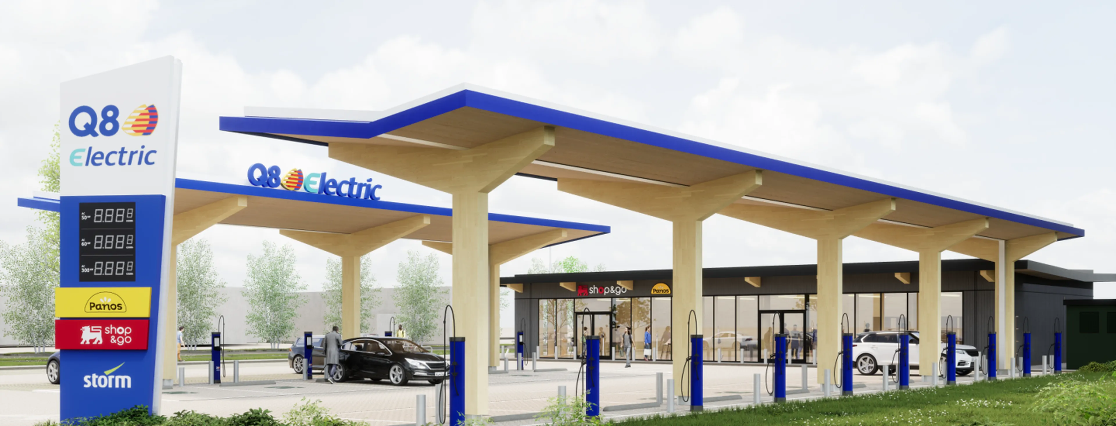 Render van een toekomstig Q8 electric snellaadstation met laadpalen, winkels, broodjeszaak, koffiebar en restaurants in een groene omgeving.